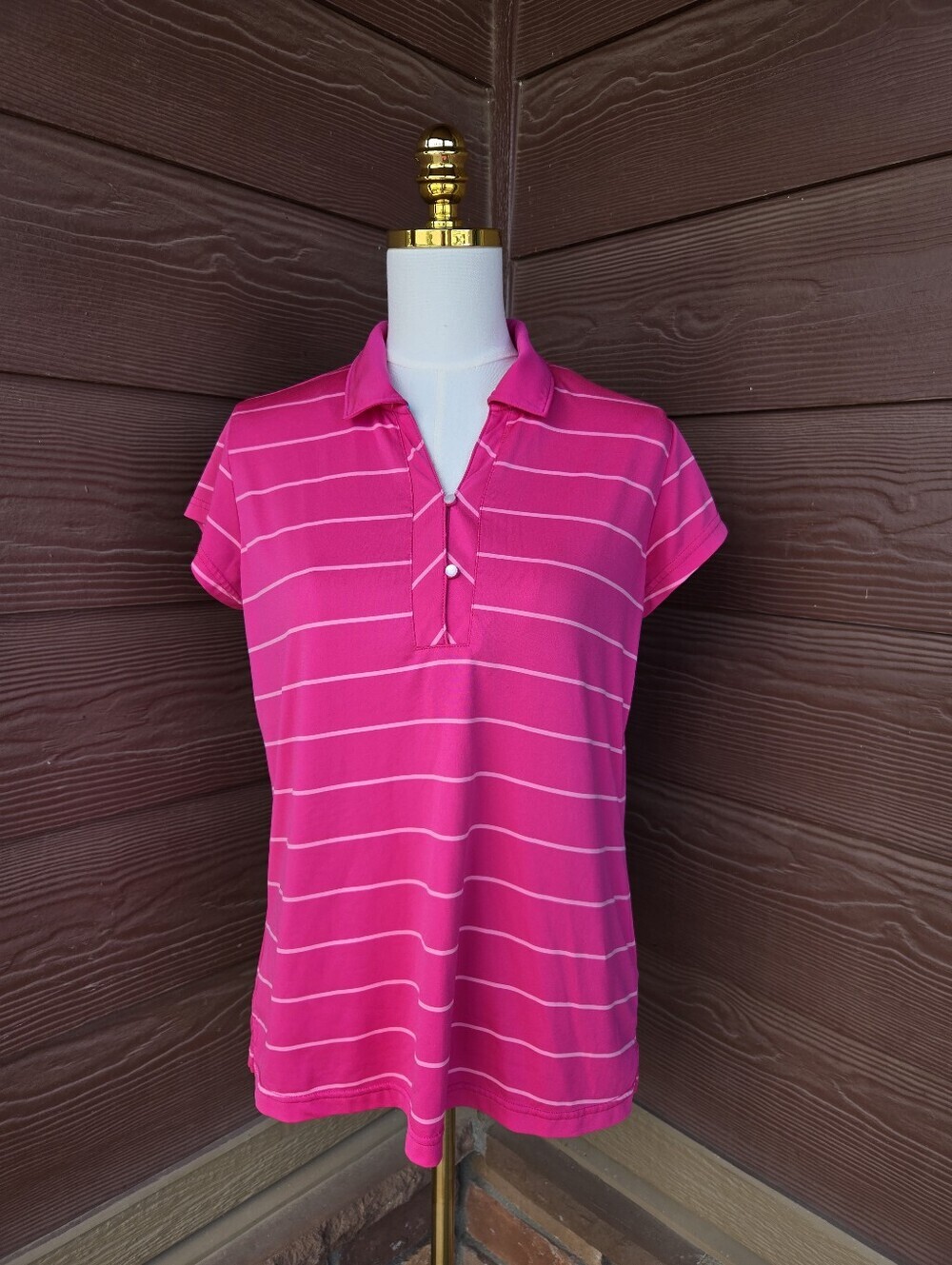 Pebble Beach Performance Women’s Pink Striped Polo-Style Top Size Large NWOT